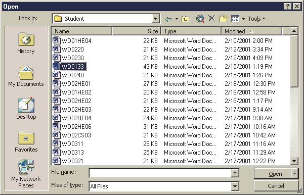 Chapter 1 Creating a Document WD 27 4. To alphabetically sort the list of files displayed in the Open dialog box: CLICK: Name button in the column heading area 5.