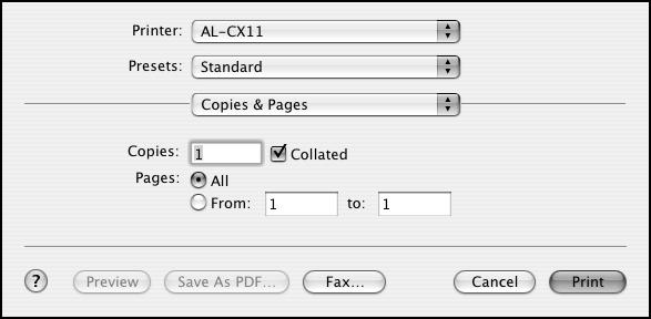 6. Open the File menu and select Print. You see a window like this one: Select AL-CX11 7.