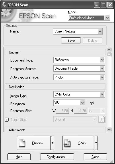 Professional Mode Before you scan your document or photo, you need to select these basic settings: Original settings. These tell EPSON Scan the type of document or photo you are scanning.