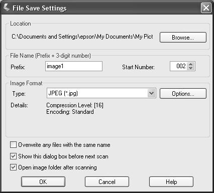 Selecting File Save Settings When you finish your scan directly from EPSON Scan, you see the File Save Settings window.
