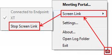 To stop presenting your content on the endpoint screen, right-click the Scopia Desktop icon and select Screen Link > Stop Screen Link.