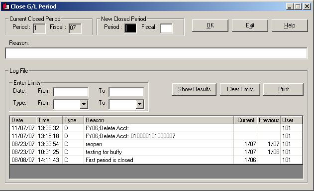 Closing the G/L Period 1. When you open this dialog box, the cursor is in the New Closed Period box. In this box, enter the number of the period to close and press Tab. 2.
