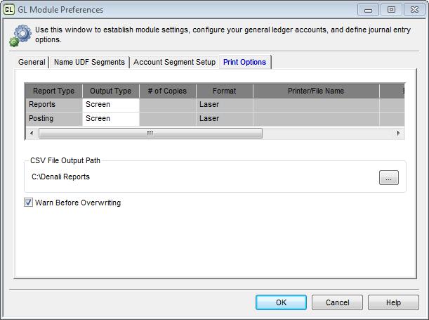 Figure 6: GL Module Preferences, Print Options tab General Ledger Codes In General Ledger, you can set up codes to allocate expenses across departments, define the frequency of those allocations, and