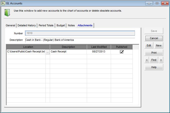 Figure 17: GL Accounts window, Attachments tab To attach a file: 1 Make sure a customer is selected and select the Edit button.