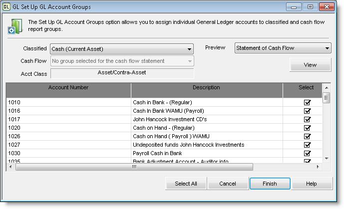 Figure 18: GL Set Up GL Account Groups window 2 Select the Classified or Cash Flow group that you want to set up from the drop-down lists.