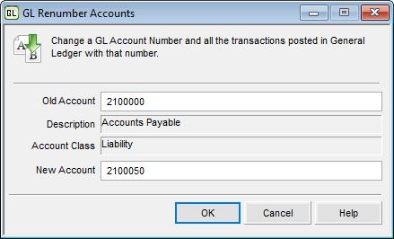 Figure 22: GL Renumber Accounts window 2 In the Old Account box, select the account you want to merge into another account. This account will no longer exist once this process is complete.
