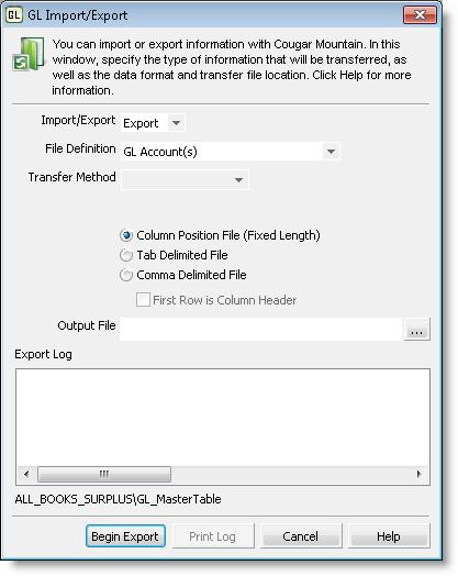 Figure 24: GL Import/Export window, Export option 2 From the Import/Export drop-down menu, select Export. 3 Select the type of file, method, and format you will use for this export.