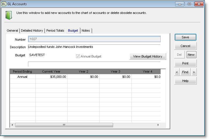 Figure 26: GL Accounts window, Budget tab If you want to view budget information on the edit report, select the Validate budget on edit report check box in Module Preferences.