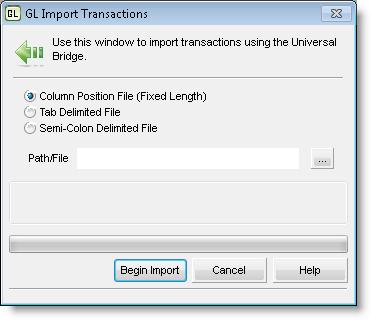 To use this import feature: 1 In General Ledger, select Transaction Tasks > Import Transactions from an External File from the left navigation pane.