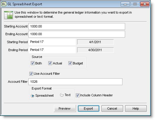Spreadsheet Export Spreadsheet Export gives you the ability to export actual and budget numbers for all accounts from General Ledger.