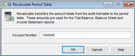 Recalculating General Ledger Tables This maintenance option corrects inconsistencies between ledger files due to corrupt or missing data.