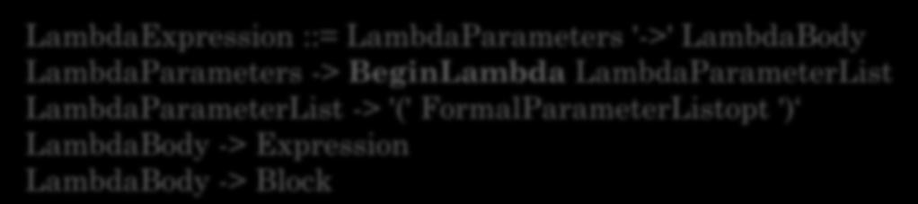 FormalParameterListopt ') LambdaBody -> Expression LambdaBody -> Block
