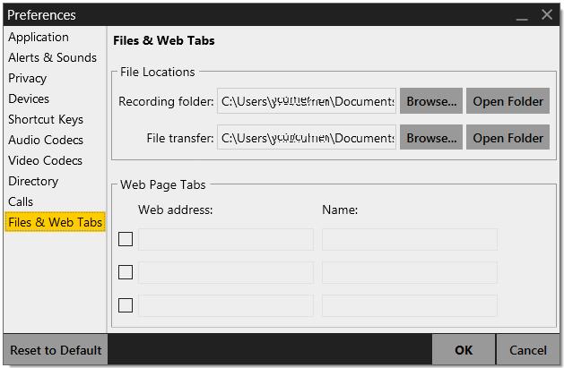CounterPath Corporation Preferences Files & Web Tabs Table 13: Preferences Files & Web Tabs Field Recording folder File transfer folder Web Page Tabs Description The folder where files for recording