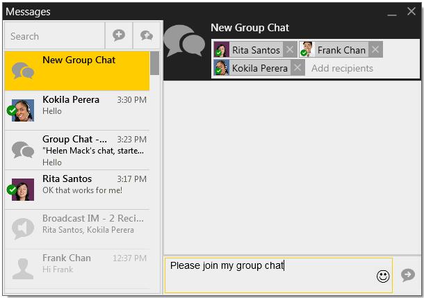 CounterPath Corporation 4.3 Group Chat (Conference IM) Group chat allows you to exchange instant messages with a group of people in the same session.