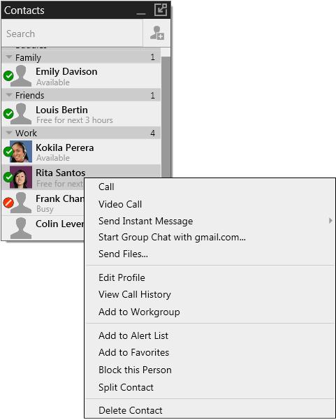 Bria 4 for Windows User Guide Retail Deployments 5.3 Using Contacts Double-click to phone or IM (depending on how doubleclicking is configured in Preferences > Application). Hover to reveal icons.