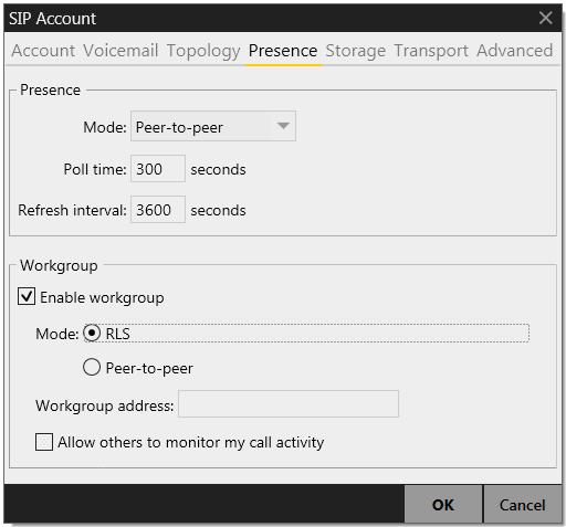 CounterPath Corporation SIP Account Properties Presence This tab lets you configure presence and workgroups.