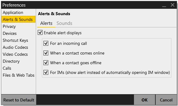 Bria 4 for Windows User Guide Retail Deployments Preferences Alerts & Sounds The tabs on this panel let you control the Call Alerts box and lets you assign sounds.