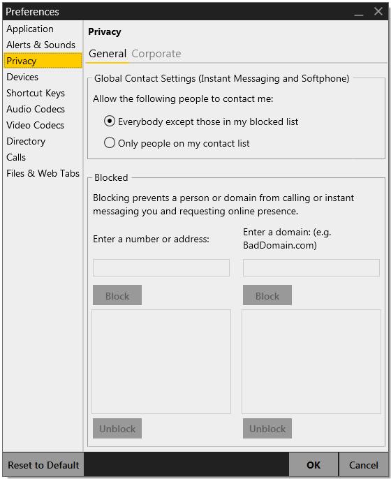 CounterPath Corporation Preferences Privacy You can control how contacts and other people can contact you by phone or IM, and you can control whether your contacts can see your online status.