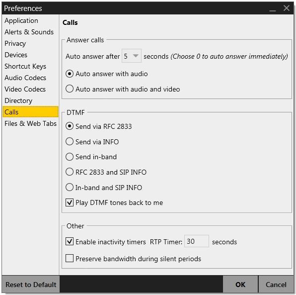 Bria 4 for Windows User Guide Retail Deployments Preferences Calls Table 12: Preferences Calls Field Calls DTMF RTP Preserve bandwidth Description These settings let you configure how you want auto