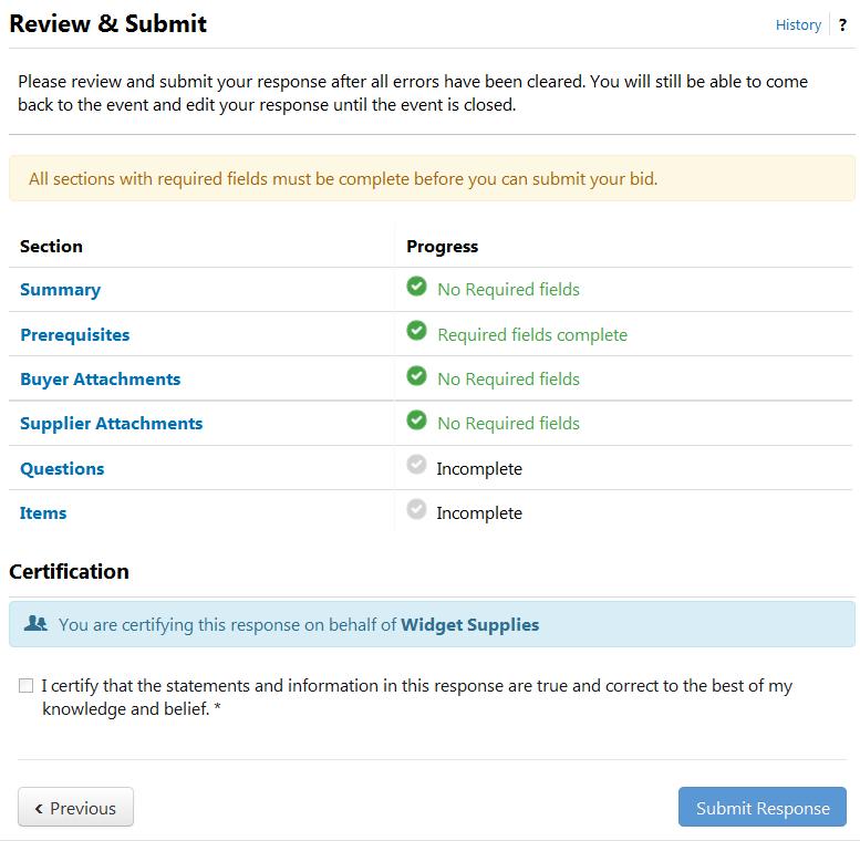 Select Review & Submit to display this page Status Bar lets you know if required information is missing Progress Status is GREEN if all information in that section is complete Progress Status is