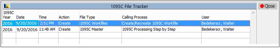 system. 1. Highlight 1095C File Tracker and select Run. 2. The 1095C File Tracker browse displays information about the Creation/Removal of the 1095C files.