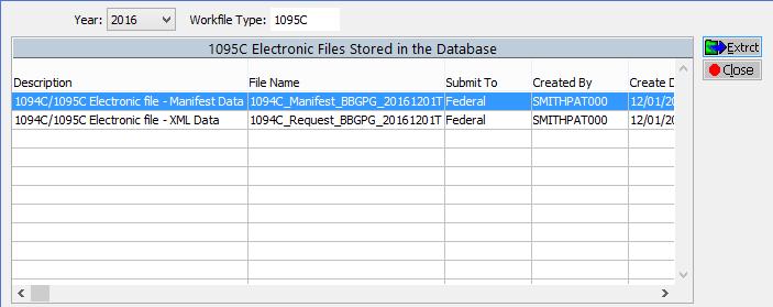 Extract Copies of 1094C/1095C Electronic Files from the Database This optional process allows you to extract copies of the Electronic 1094C/1095C files that have been backed up in