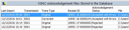 Extract/view imported IRS Acknowledgement Files from Database This optional process allows you to view/extract copies of the IRS Acknowledgement Error Data files that have been imported