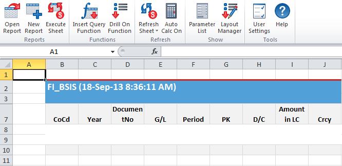 The report layout will default the title, FI_BSIS in this case, to the name of the Query and display the date and time of the report creation [1].