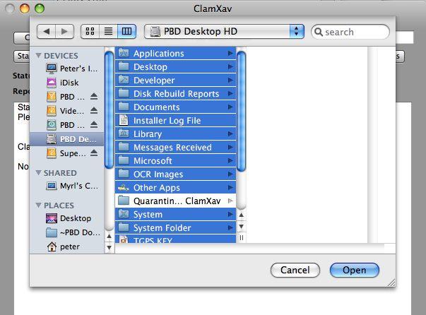 In the main ClamXav window, click on "Choose What to Scan" A file selection window will open.