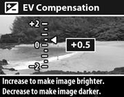 EV compensation In difficult lighting conditions, you can use the EV (Exposure Value) Compensation setting to override the automatic exposure setting that the camera makes.