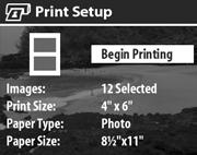 The Print Setup menu displays on the camera. If you already selected images to print from the camera Share menu, the number of images selected will be shown, as in this example.
