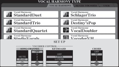 7 Hãy chắc rằng nút [4 ] (HARMONY) trong màn hình MIC/ GUITAR SETTING đang ở trạng thái ON. Nếu cần, dùng nút [5 ] (VOCAL EFFECT) để bật hiệu ứng Vocal Harmony, được mở bằng nút [8 ] (EDIT).