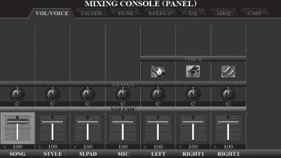 9 Mixing Console (Trộn âm) Chỉnh sửa Volume và Tonal Balance Trộn âm cho phép bạn điều khiển trực quan trên các phần của đàn và các kênh Style / Song, bao gồm cân bằng âm thanh, âm sắc.