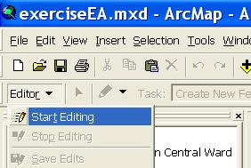 mxd found in the c:\un\exerciseea\ directory. Activate the bookmark Ward Njanji from the View menu. Turn on the Editor Toolbar by selecting it from the View -> Toolbars menu. Start Editing.