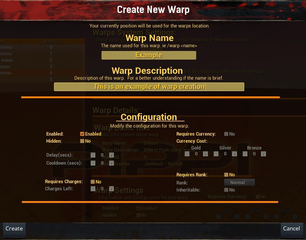 You are also able to create warps and delete warps on this tab. To create a warp press the Create Warp button located on the right side of the screen which will display the following window.