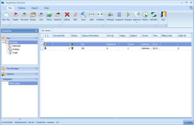 2.2 FaxView Over view FaxView is the main interface where users send, receive and manage their faxes. It is divided into four sections including menu bar, fax list, left panel and status bar.