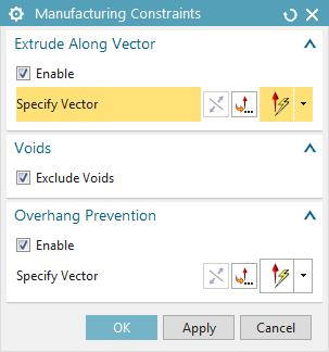 Manufacturing Constraints Extrude Along Vector The optimized shape will be a constant cross-section along the specified vector. Void Exclusion No internal empty voids will be created.