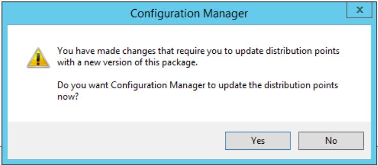Configuration Manager will prompt you if you need to update the changes to the boot image on the distribution point(s). Select Yes to update the distribution point(s) automatically.