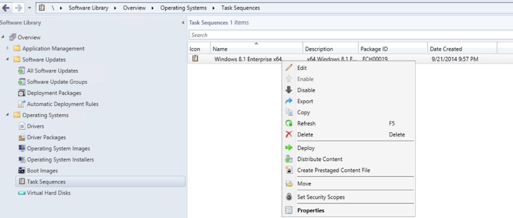 2. Press and hold (or right click) the task sequence that you re using for Surface deployments, and