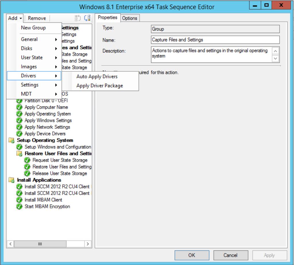 At the top of the task sequence, select Add, and select Add > Drivers > Driver Package.
