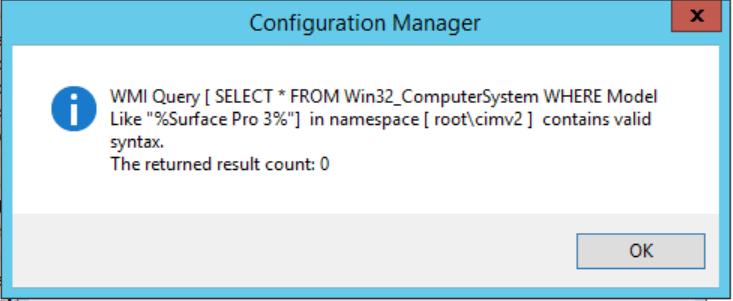 If the Configuration Manager console is running on a device on which the WMI query is being created for (i.e. Surface Pro 3), the returned result count will show 1.
