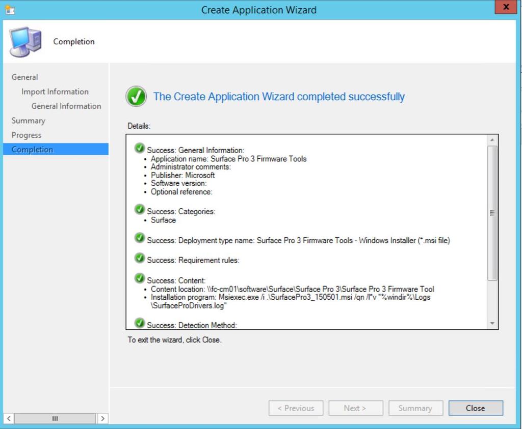 10. Select Next. Configuration Manager will verify successful application creation.