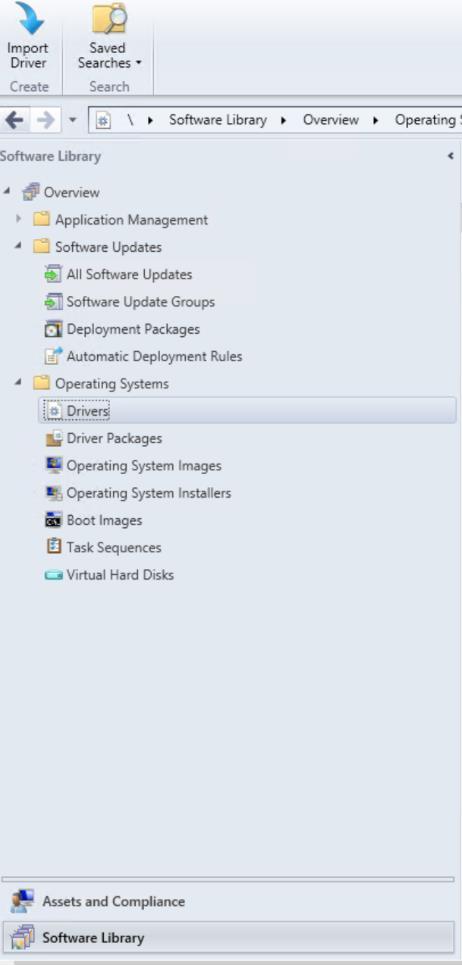 1. In the System Center Configuration Manager console, navigate to Software Library > Operating System Deployment > Drivers. 2.
