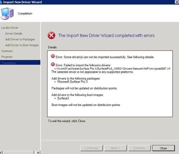 Unable to Import a Driver or Drivers into the Configuration Manager Console When installing a driver or multiple drivers into Configuration Manager console, you may see an error that states, The