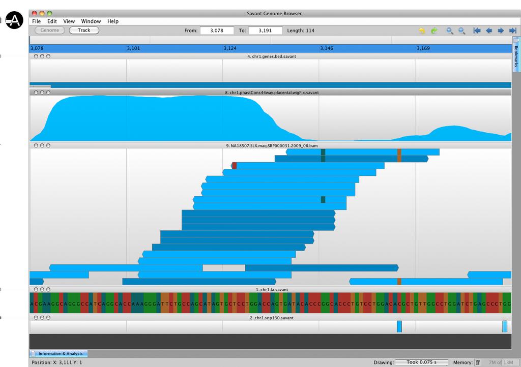 Savant Genome Browser Fig. 4. A. Visualization of two SNP variants. The displayed tracks are, top to bottom, Conservation, Gene Models, Read Alignments, the Genome sequence, and known SNPs from dbsnp.