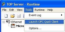 Page 20 of 36 Testing Device Connection with OPC Quick Client 1. Click Tools and select OPC Quick Client: 2. Click on Ethernet.