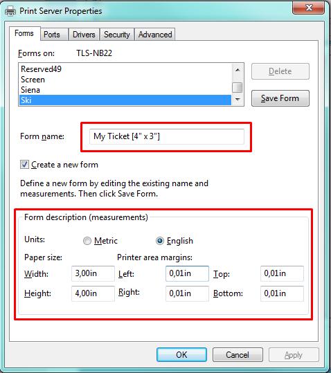 Enter the width of your ticket at Width and the length of your ticket at Height Set Margins -