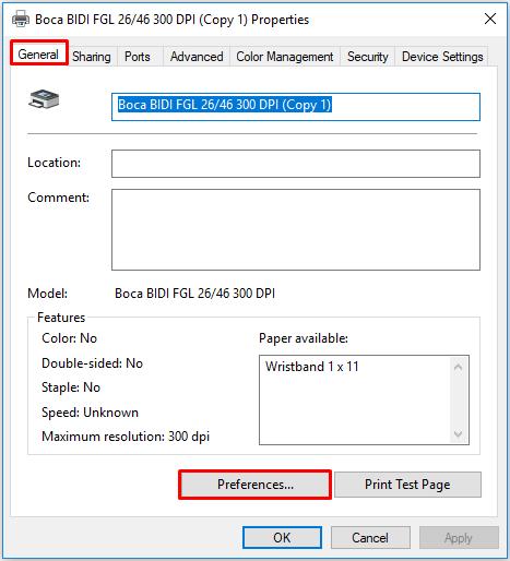 Click on Printer properties On the General tab
