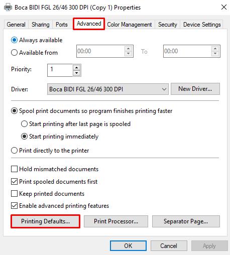 On the Advanced tab of the printer properties