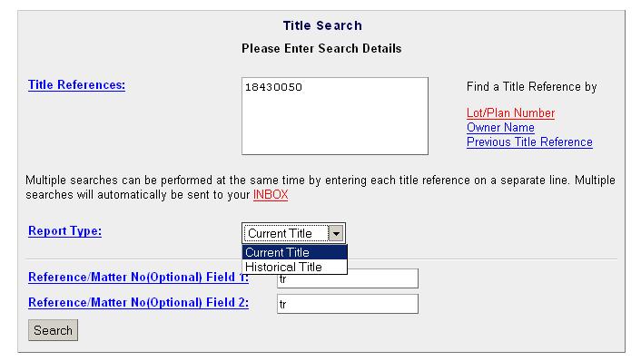 The Title Reference number will populate through to the search screen.